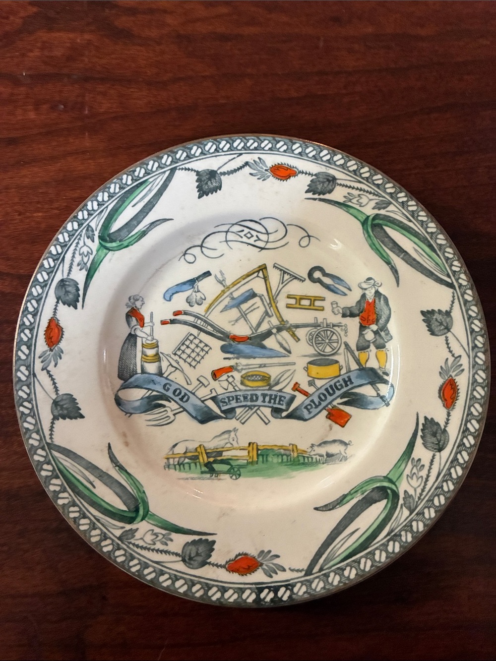Decorative Ceramic Plate in White, Green and Red – Classic Farm Motif